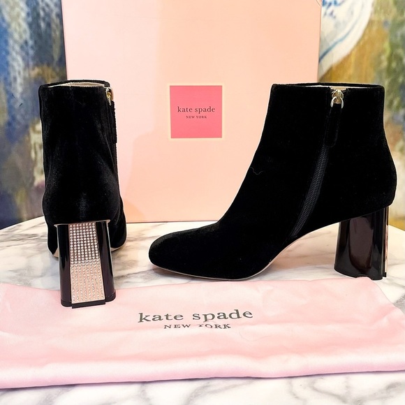 Kate Spade Reenie Velvet Booties Jewel Rhinestone Ankle Heel Black 10M GUC - Picture 2 of 11
